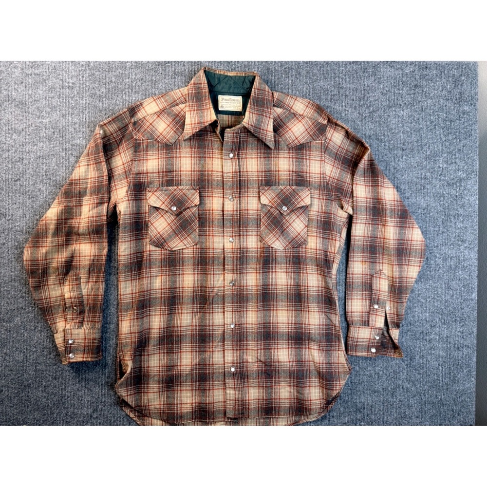 Vintage Pendleton Wool Western Flannel Shirt Mens L Tan Red Plaid Pearl Snap Y2K